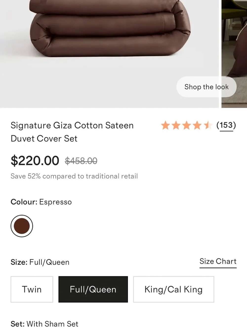 QUINCE GIZA COTTON SATEEN DUVET SET FULL/QUEEN ESPRESSO MSRP$220 NWOT